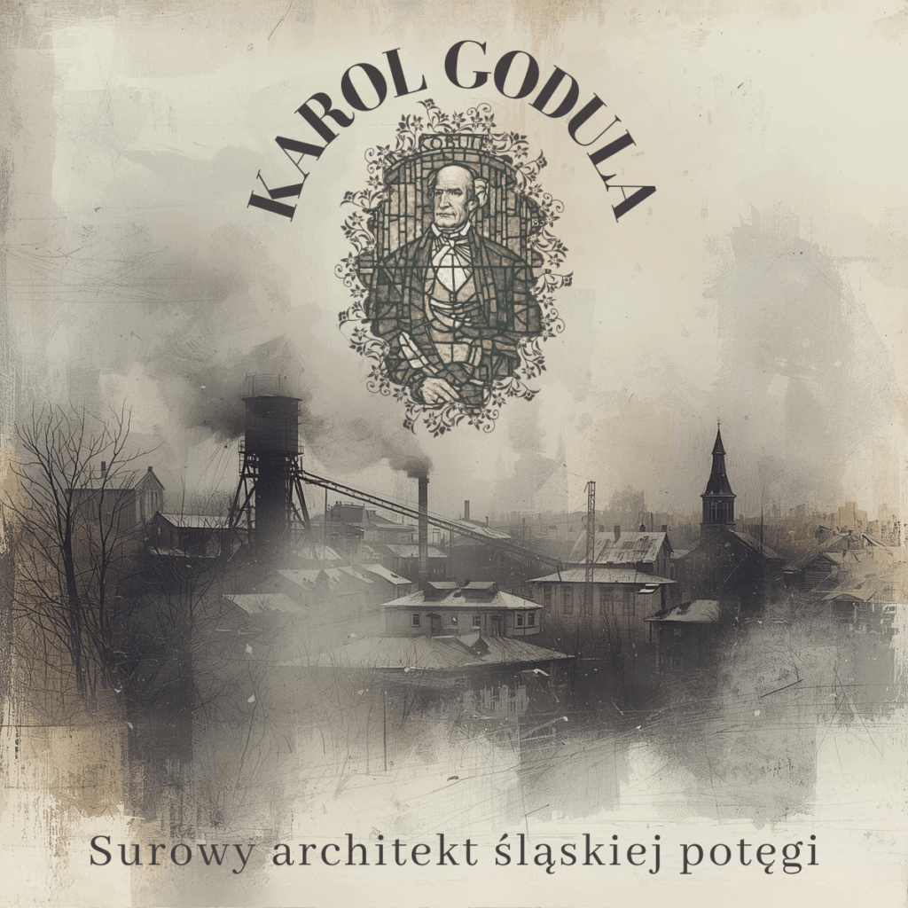 Artystyczna grafika przedstawiająca Karola Godulę w witrażu nad dymiącym, XIX-wiecznym krajobrazem przemysłowym Górnego Śląska z napisem Surowy architekt śląskiej potęgi.