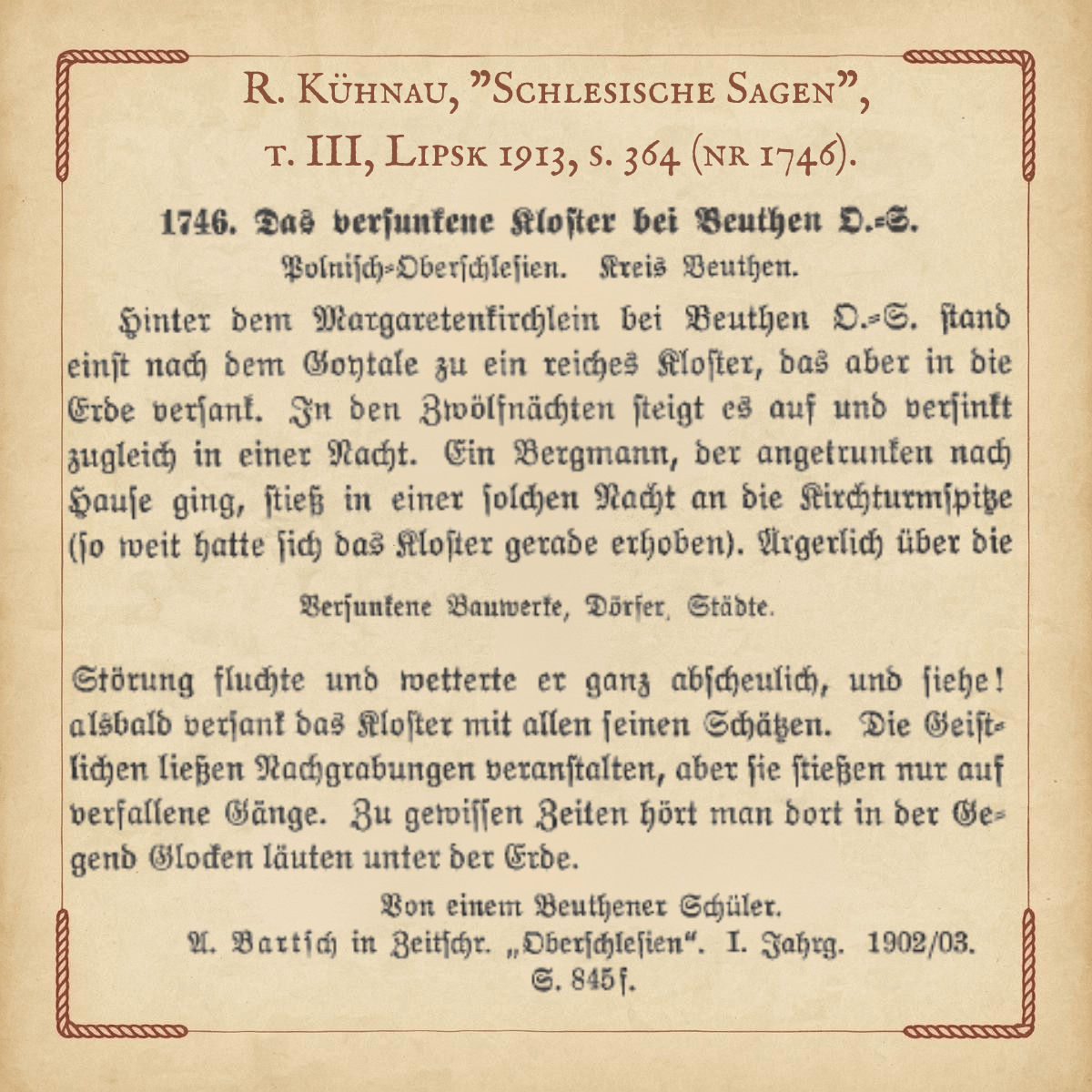Skan strony z książki Schlesische Sagen z 1913 roku opisujący legendę o klasztorze