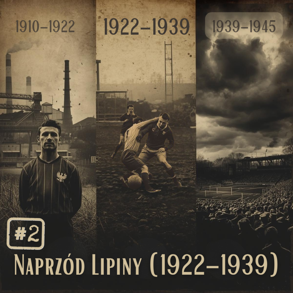 Grafika w stylu vintage przedstawiająca tryptyk z historią polskiego klubu Naprzód Lipiny w latach 1922-1939. Ukazuje piłkarza z orzełkiem na piersi, twardą walkę o piłkę w błocie oraz mroczny widok stadionu przed wybuchem wojny.