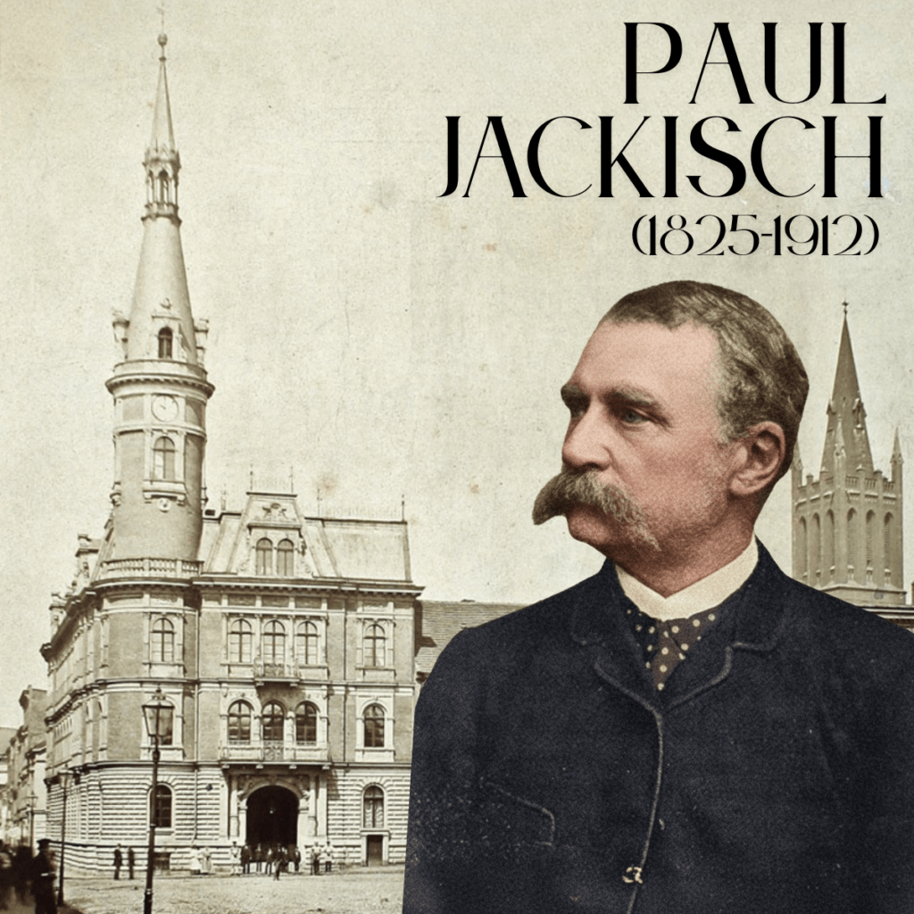 Portret Paula Jackischa, Królewskiego Radcy Budowlanego z Bytomia, na tle zaprojektowanego przez niego Ratusza.