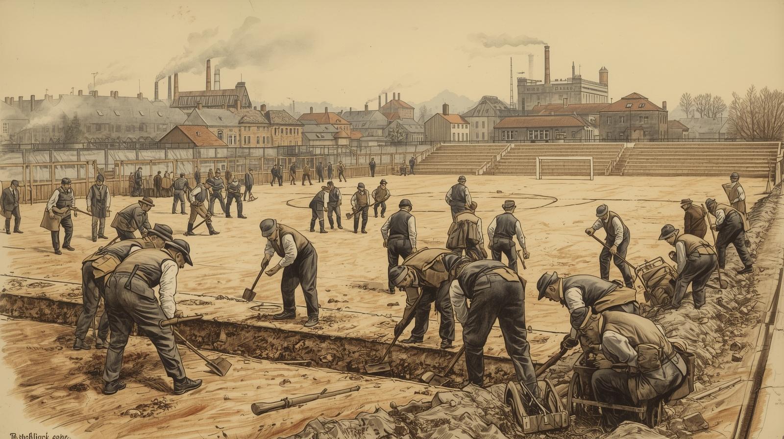 Grupa robotników i działaczy sportowych pracująca fizycznie przy budowie własnego boiska piłkarskiego w Lipinach.