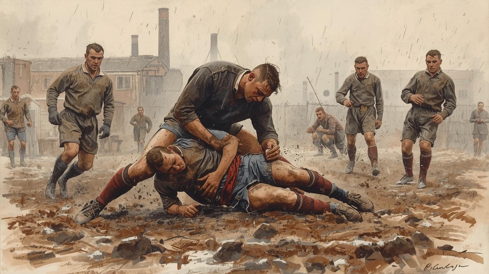 Zimowy mecz piłkarski w 1922 roku w Bytomiu. Potężny piłkarz Silesii Lipiny siłowo przepycha rywala z Cottbus w błocie, ilustrując przewagę fizyczną.