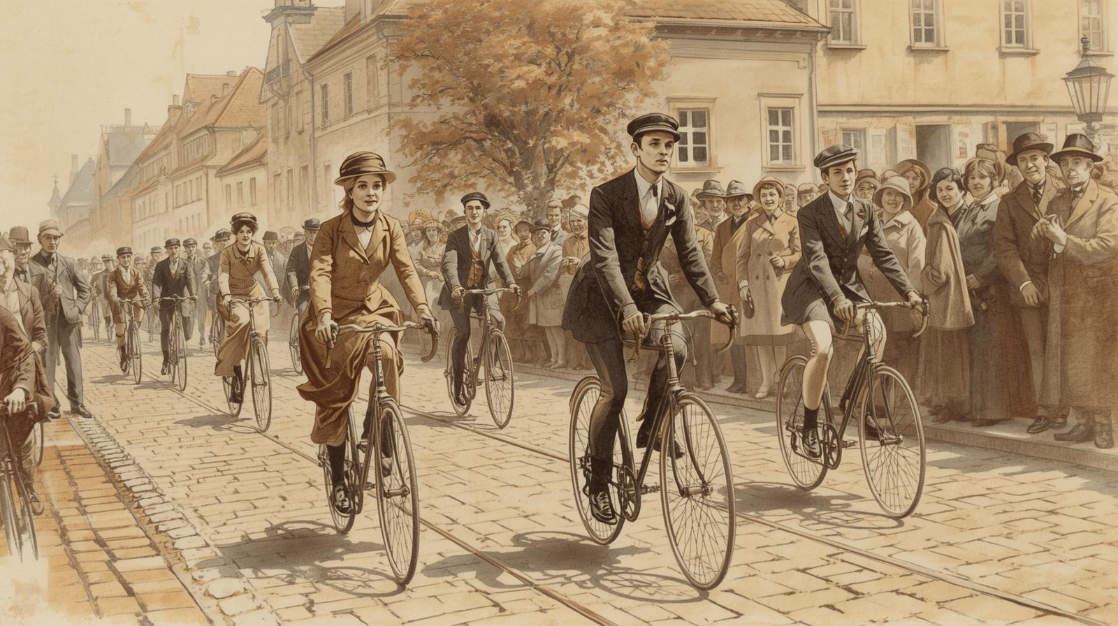 Elegancka parada kolarska na brukowanej ulicy Królewskiej Huty w 1909 roku, kolarze i kolarki z klubu Silesia Lipine.