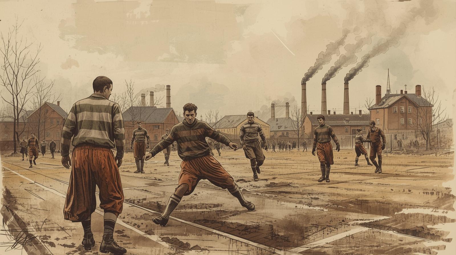 Piłkarze grający na błotnistym boisku na tle dymiących kominów hutniczych, symbolizujący trudne początki futbolu na Górnym Śląsku.