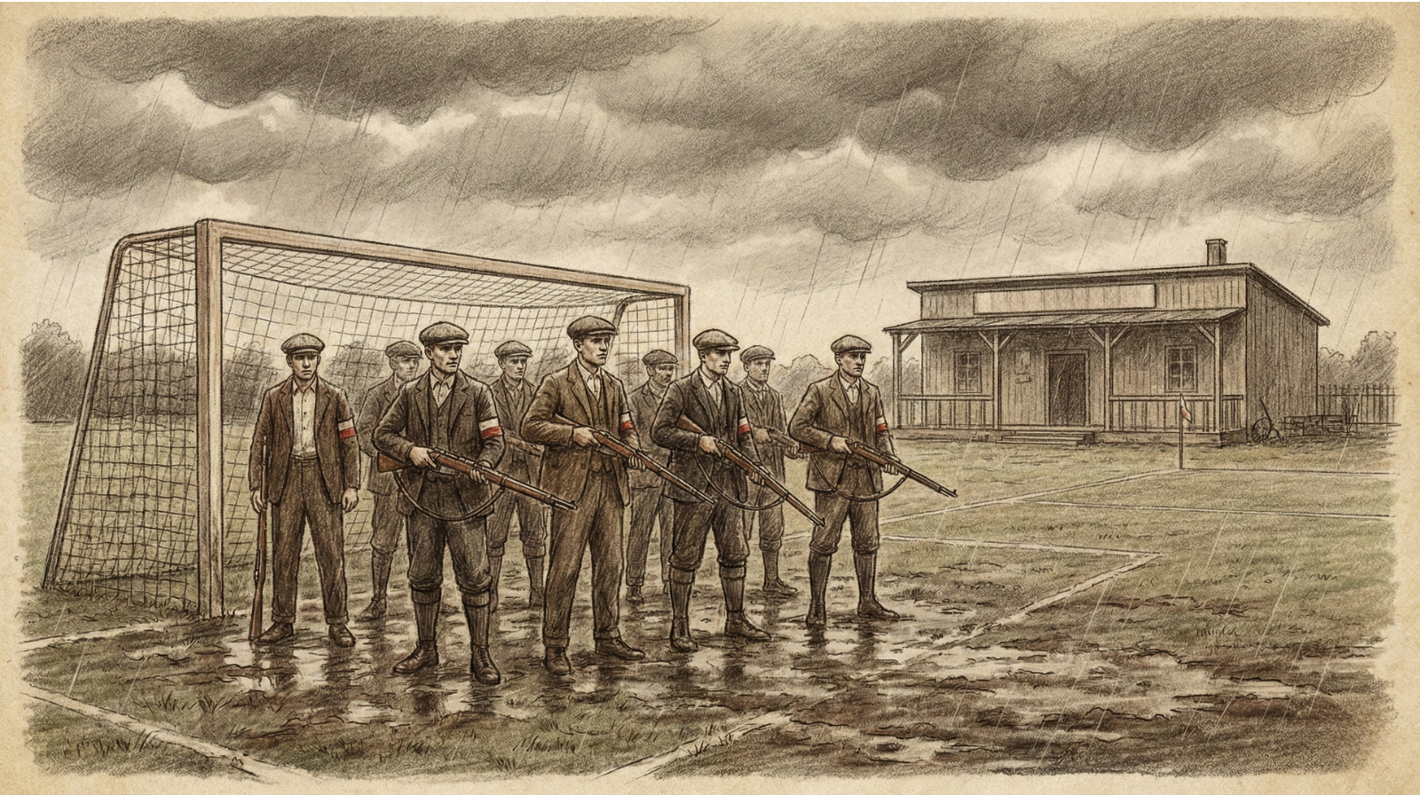 Grafika symbolizująca przejęcie administracji na Górnym Śląsku przez regularne Wojsko Polskie w 1922 roku, co wiązało się z przymusowym rozwiązaniem niemieckiego klubu Silesia Lipine.