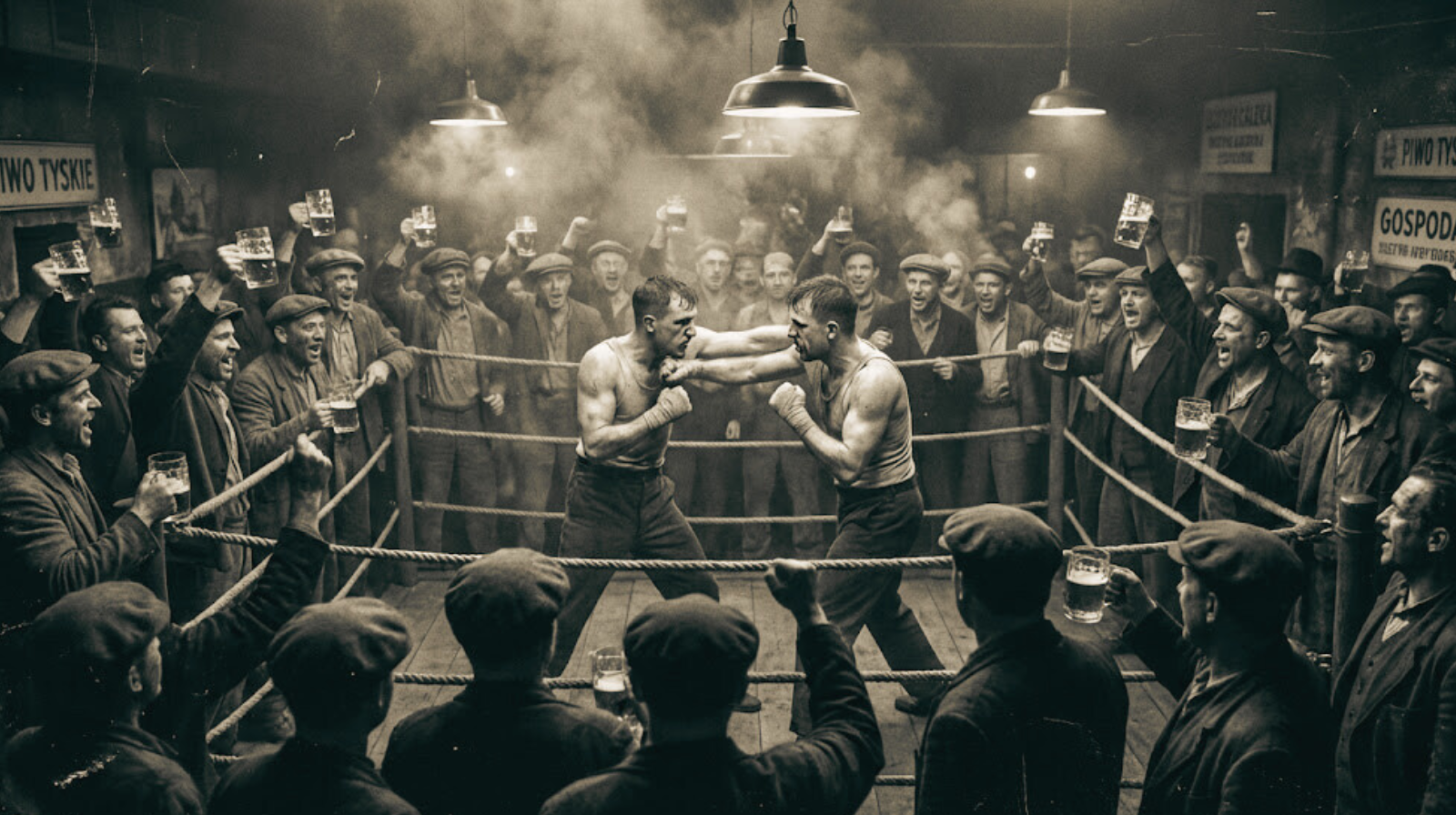 Archiwalna stylizacja zdjęcia wnętrza zatłoczonej, zadymionej gospody na Śląsku w latach 40., gdzie odbywa się walka bokserska, a widzowie piją piwo z kufli.