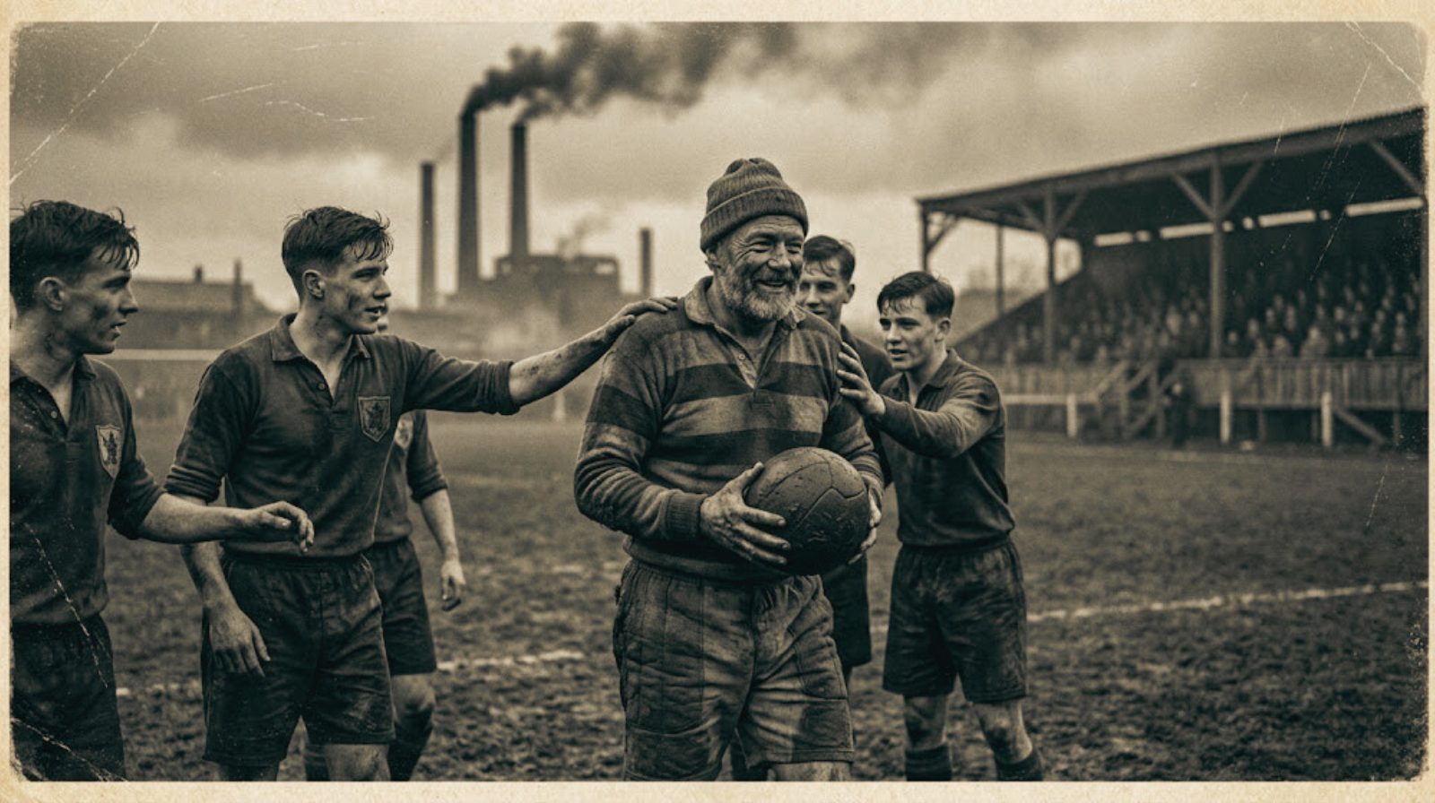 Czarno-biała, stylizowana na starą fotografię grafika przedstawiająca 50-letniego bramkarza Josepha Debernitza po wygranym meczu, otoczonego przez młodszych kolegów z drużyny na tle przemysłowego Śląska.
