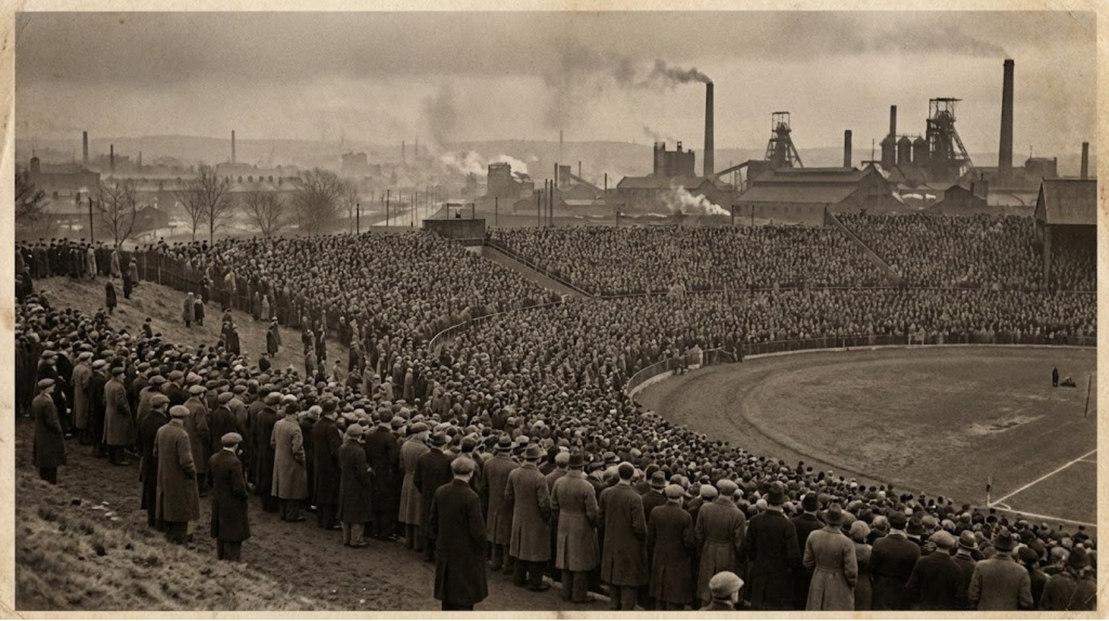 Panoramiczna grafika w sepii ukazująca ogromny, wypełniony wielotysięcznym tłumem stadion piłkarski na Śląsku w 1942 roku podczas meczu pucharowego w industrialnej scenerii.