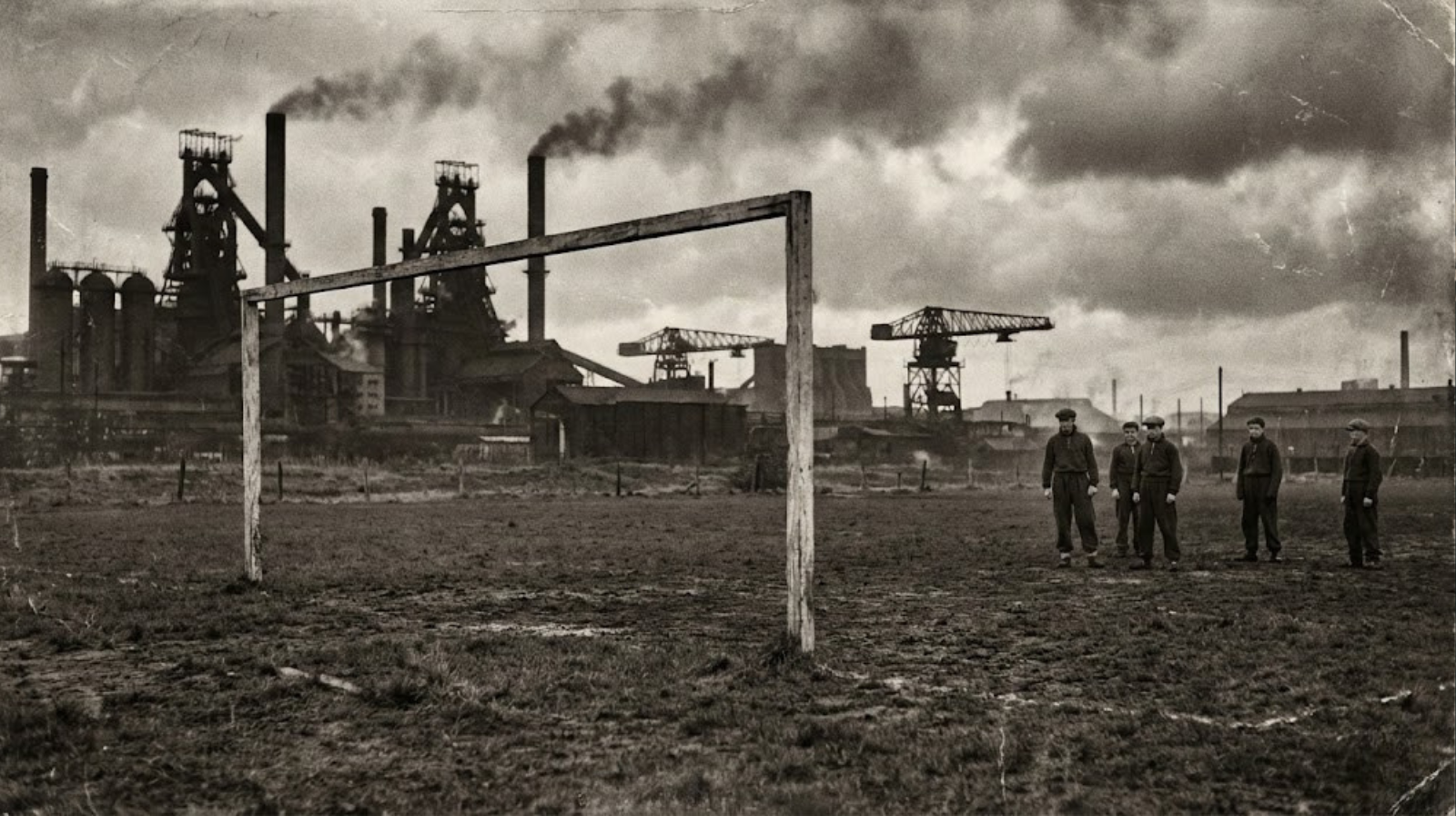 Czarno-biała, ziarnista grafika w stylu retro przedstawiająca puste boisko piłkarskie na tle dymiących kominów wielkiej huty na Górnym Śląsku w 1940 roku.