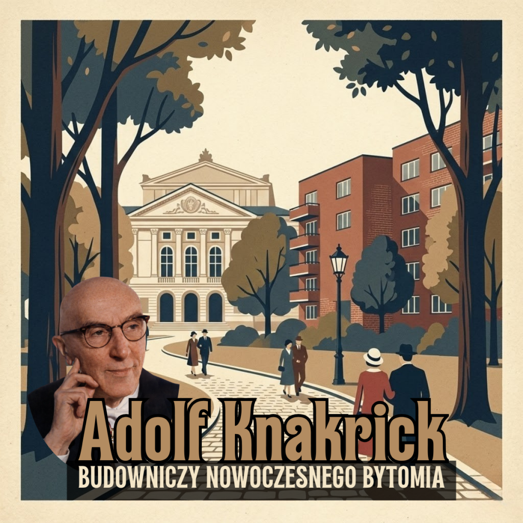 Grafika przedstawiająca Adolfa Knakricka jako budowniczego nowoczesnego Bytomia, z widokiem na Parkbad, teatr i mapę Górnośląskiego Trójmiasta.