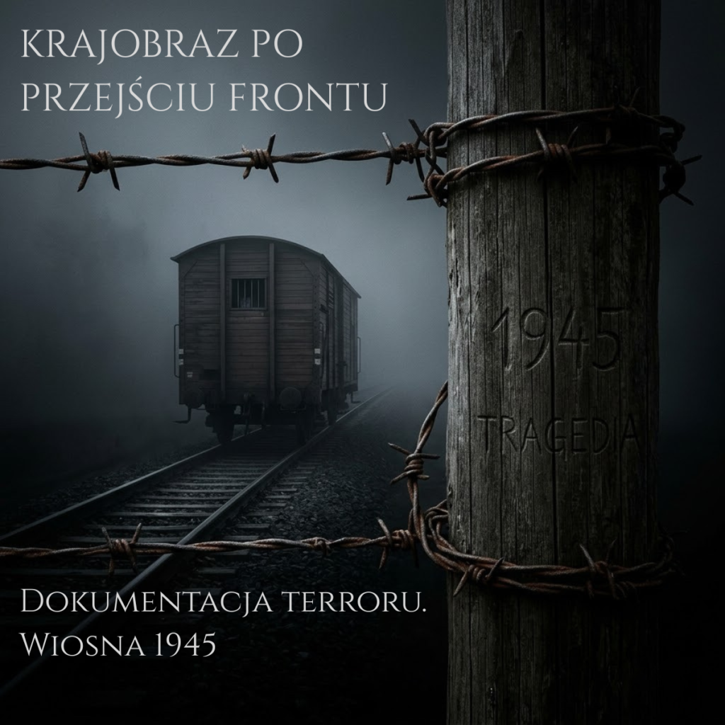 Pociąg barak oddalający się po torach w gęstą mgłę, widoczny przez ogrodzenie z drutu kolczastego.