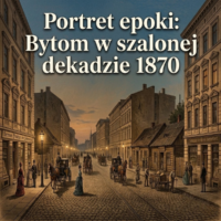 Zabytkowa, pokolorowana fotografia przedstawiająca ruchliwą ulicę Bytomia z lat 70. XIX wieku, z widocznymi dorożkami i mieszkańcami w strojach z epoki. Na górze duży napis: "Portret epoki: Bytom w szalonej dekadzie 1870". Single image.