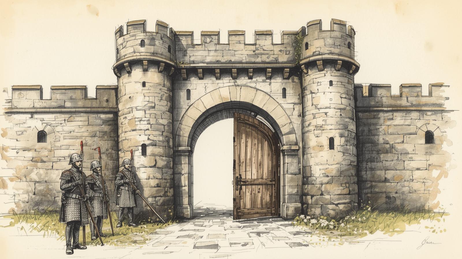 Szkic architektoniczny bramy miejskiej z XVII wieku, warty i palisady.