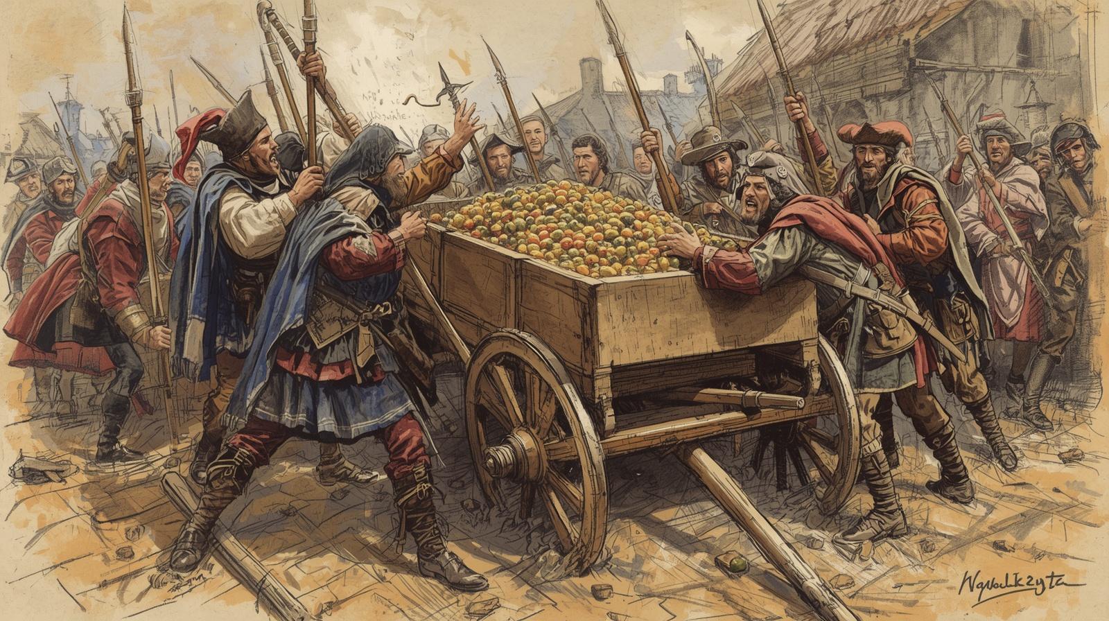 Szkic wandalizmu najemników cesarskich napadających na drewniany wóz.
