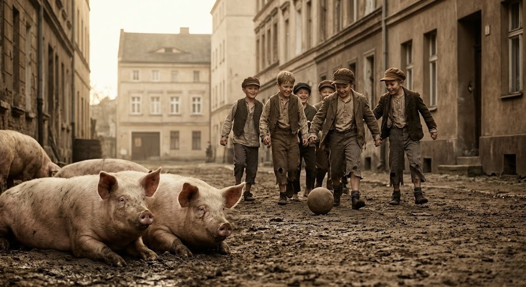 Chłopcy grający piłką na błotnistej ulicy dawnego Bytomia obok leżących świń – wizualizacja realiów miasta w latach 70. XIX wieku