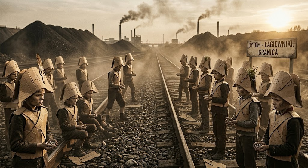 Chłopcy stojący na torach przy granicy Bytomia i Łagiewnik – wizualizacja podwórkowych bitew na kamienie