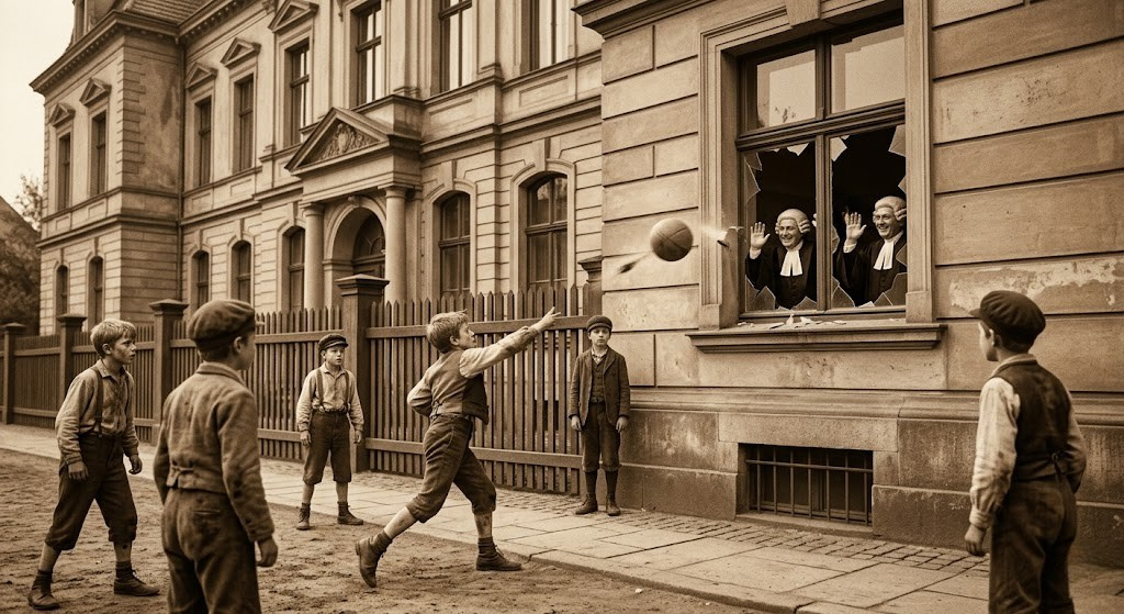 Chłopcy grający w palanta przed gmachem sądu w dawnym Bytomiu, a piłka leci w stronę okna – wizualizacja