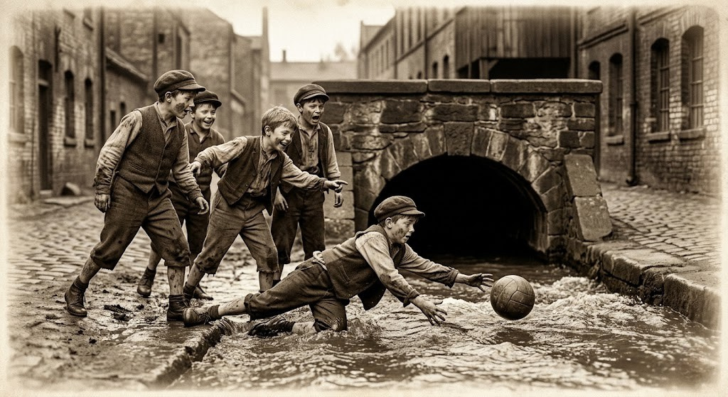 Chłopcy próbujący wyłowić piłkę ze strumienia płynącego przez centrum dawnego Bytomia – wizualizacja