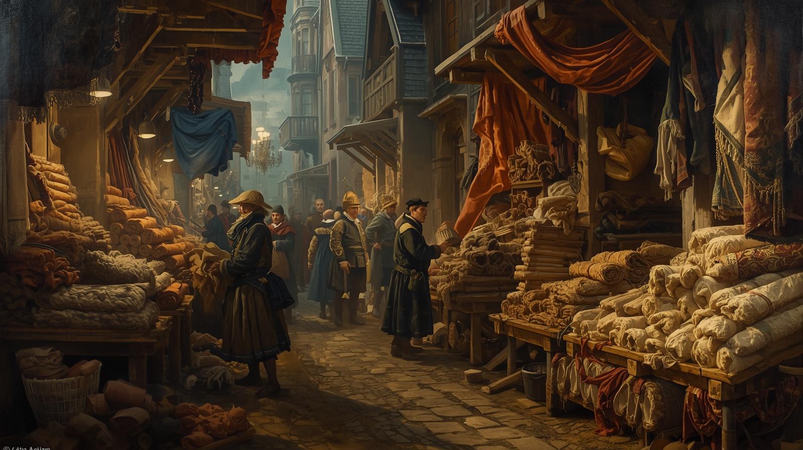 Rynek w Bytomiu w XVII wieku z kramami sukienników i belami materiału