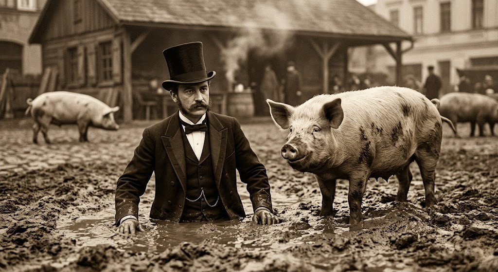 Mężczyzna w surducie i cylinderze pośród błota i świń na dawnym Świńskim Rynku w Bytomiu – wizualizacja symboliczna