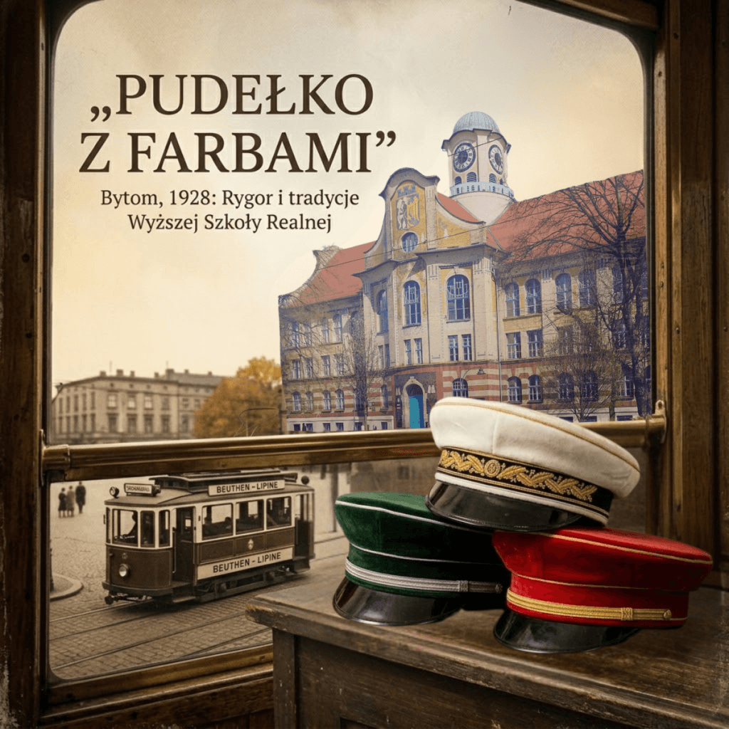 Grafika w stylu retro ukazująca widok z okna tramwaju na gmach dawnej Wyższej Szkoły Realnej w Bytomiu (Tuschkasten, obecnie IV LO). Na pierwszym planie leżą trzy kolorowe czapki uczniowskie, w tle widać zabytkowy tramwaj do Lipin.