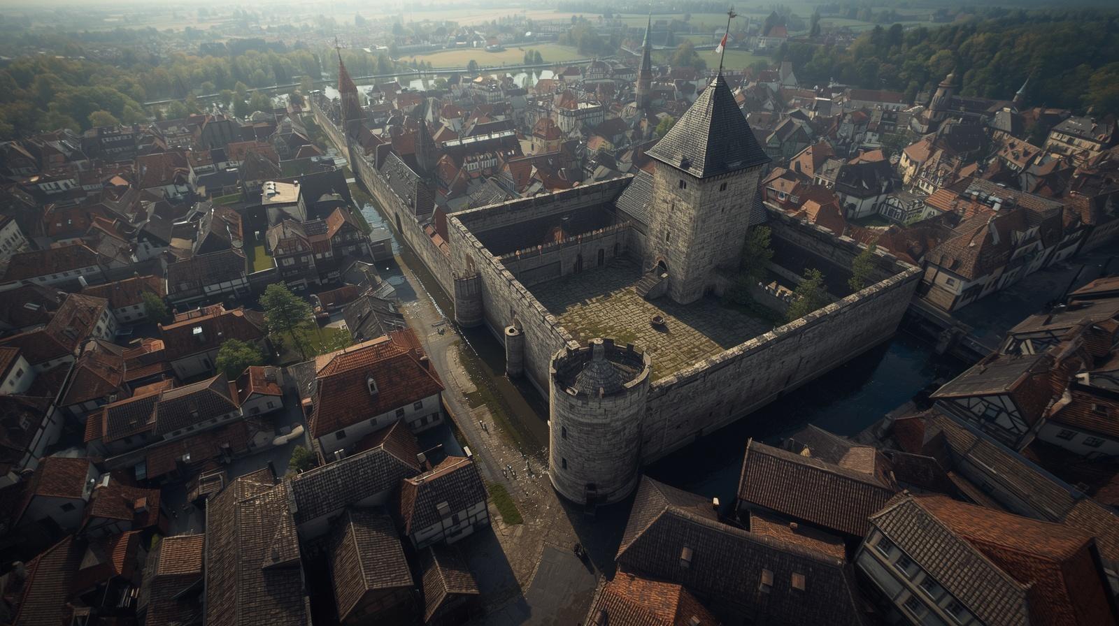 Hipotetyczna wizualizacja zamku bytomskiego Artystyczna wizualizacja średniowiecznego zamku bytomskiego w obrębie miasta