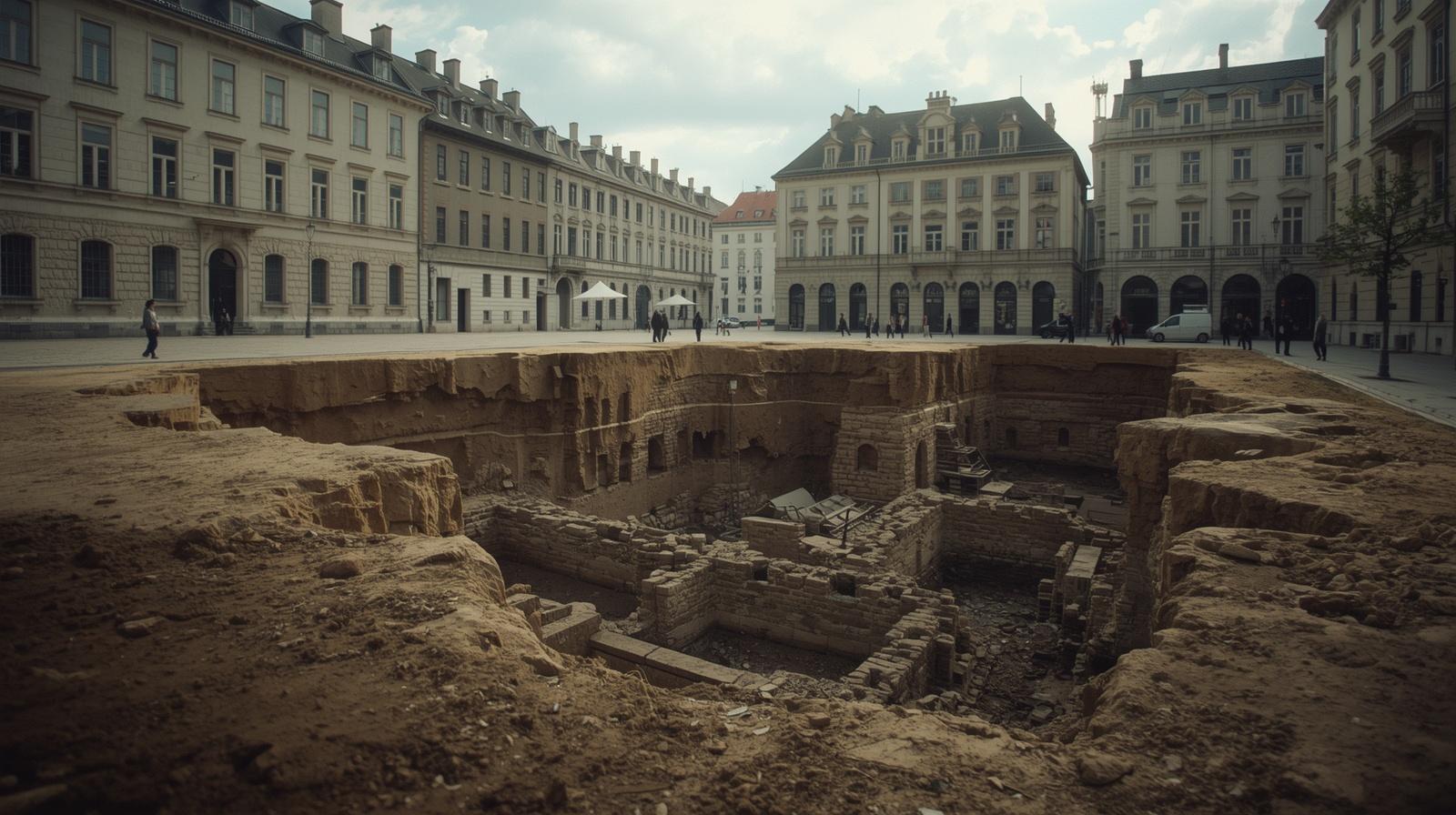 Wizualizacja odkrycia reliktów zamku Artystyczna wizualizacja wykopalisk w miejscu dawnego zamku bytomskiego