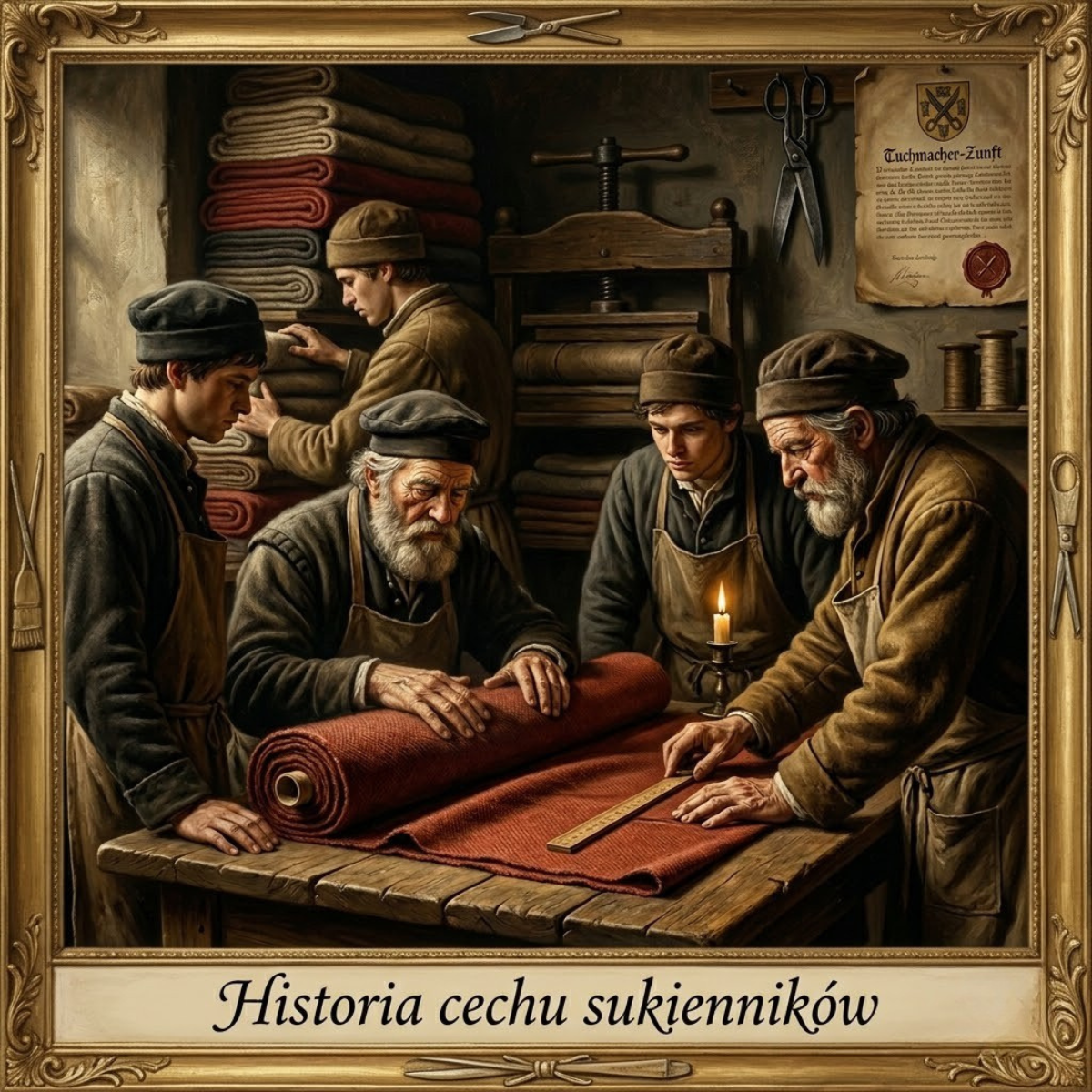 Grafika przedstawiająca mistrzów cechu sukienników w Bytomiu podczas mierzenia i kontroli sukna