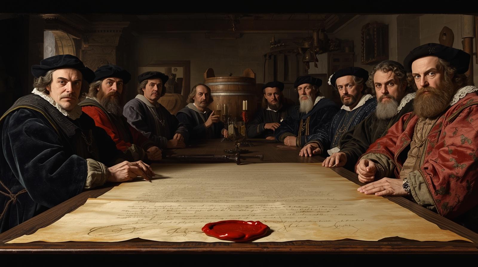 Mistrzowie cechu sukienników w Bytomiu podczas narady przy dębowym stole