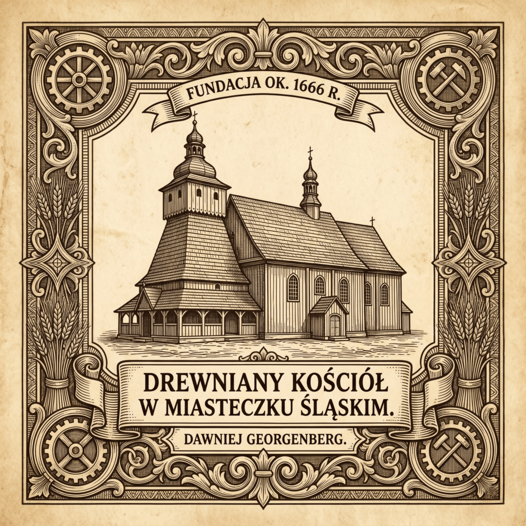 Ozdobna grafika tytułowa w formacie kwadratu z historyczną ryciną drewnianego kościoła zrębowego w Miasteczku Śląskim. Świątynia znajduje się w centrum dekoracyjnej ramy nawiązującej do tradycyjnego zdobnictwa. Na grafice widnieją napisy: "Drewniany kościół w Miasteczku Śląskim. Dawniej Georgenberg" oraz "Fundacja ok. 1666 r.".