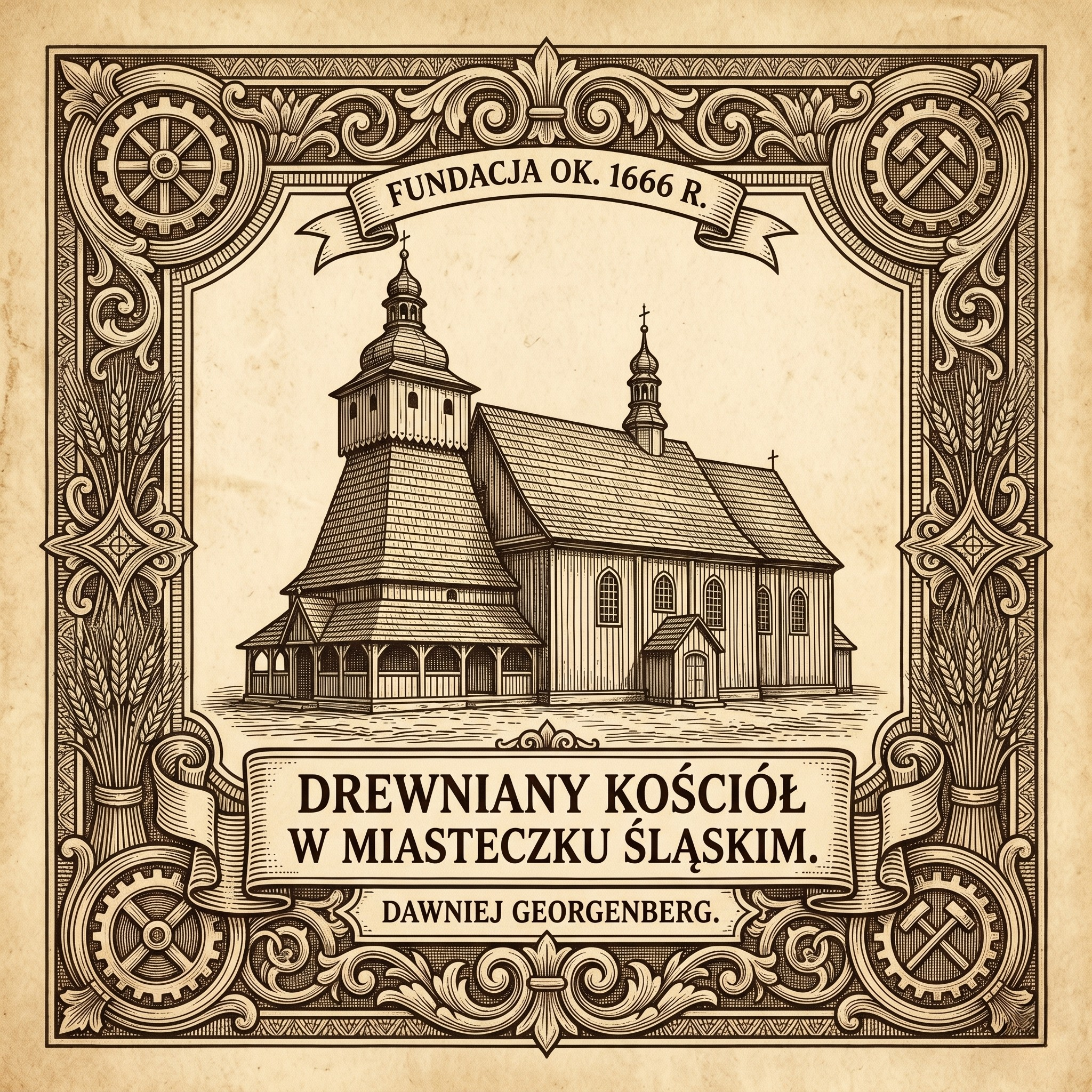 Ozdobna grafika tytułowa w formacie kwadratu z historyczną ryciną drewnianego kościoła zrębowego w Miasteczku Śląskim. Świątynia znajduje się w centrum dekoracyjnej ramy nawiązującej do tradycyjnego zdobnictwa. Na grafice widnieją napisy: "Drewniany kościół w Miasteczku Śląskim. Dawniej Georgenberg" oraz "Fundacja ok. 1666 r.".