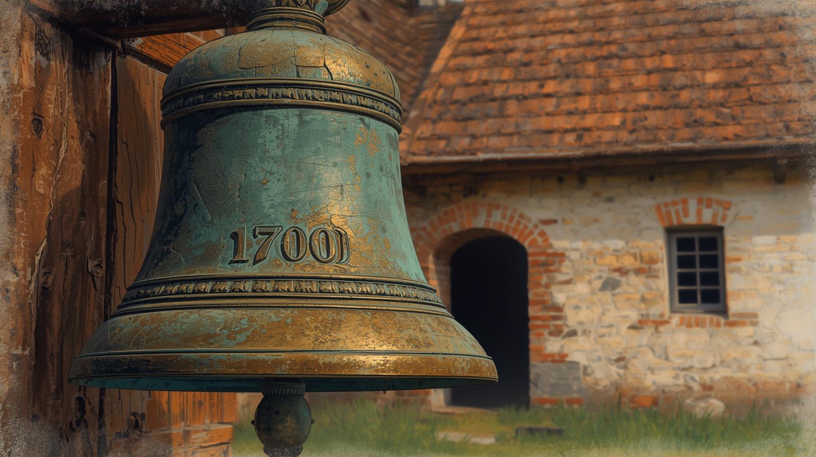 Stary dzwon z datą 1700 na tle folwarku — wizualizacja ilustracyjna