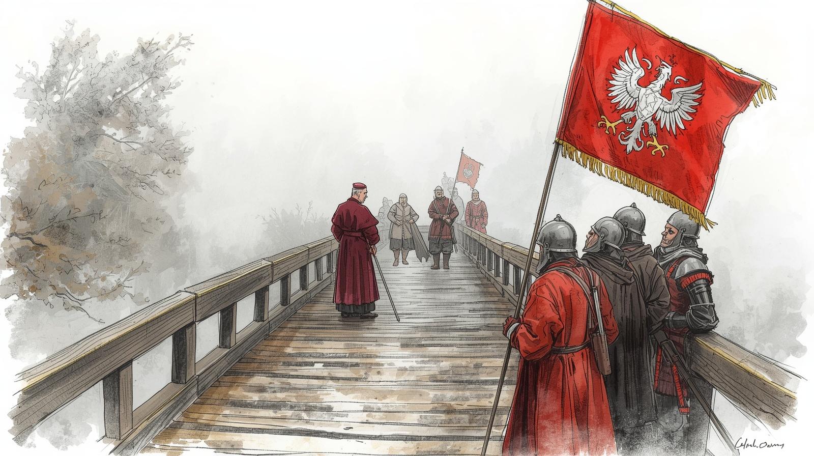 Wizja polskiego orszaku z rozwiniętymi sztandarami na moście w Czeladzi