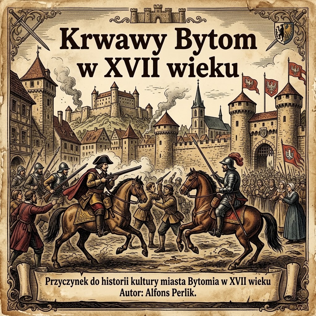 Tytułowa grafika artykułu "Krwawy Bytom w XVII wieku" stylizowana na starą rycinę. Przedstawia zamek w Bytomiu na wzgórzu, płonące miasto oraz starcie konnych wojsk i muszkieterów z piechotą. Na dole napis: Przyczynek do historii kultury miasta Bytomia w XVII wieku Autor: Alfons Perlik.
