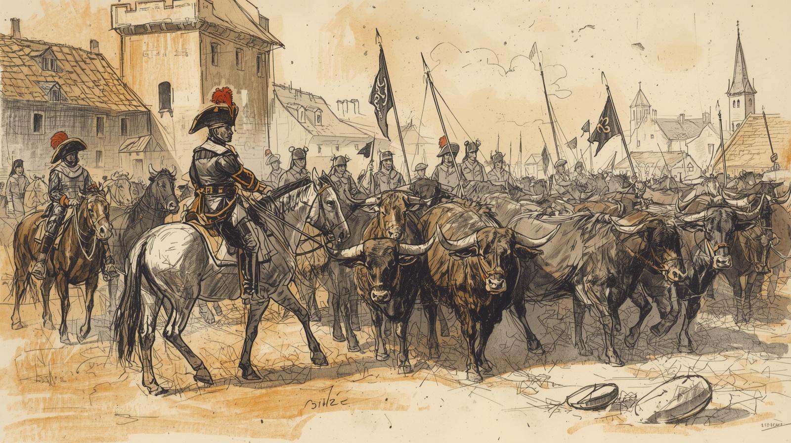 Ilustracja historyczna przedstawiająca kolumnę bydła pędzoną przez wojsko.