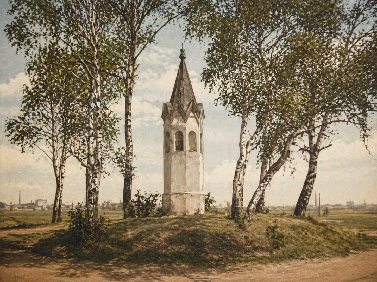 Ośmioboczna kapliczka słupowa w Szombierkach pośród brzóz — wizualizacja historyczna