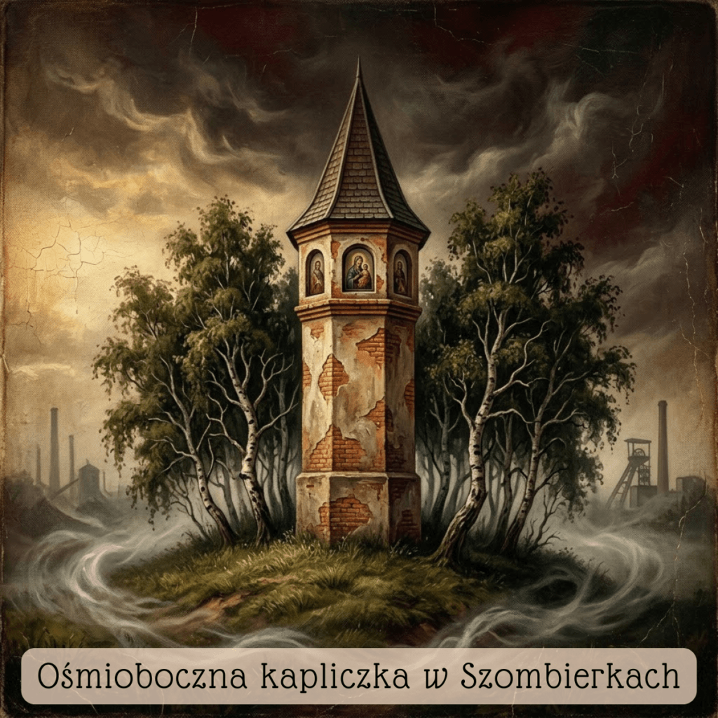 Stylizowana wizualizacja ośmiobocznej kapliczki w Szombierkach pośród brzóz