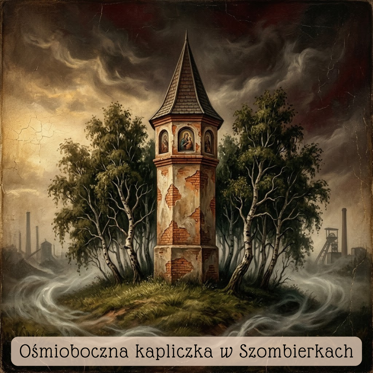 Stylizowana wizualizacja ośmiobocznej kapliczki w Szombierkach pośród brzóz