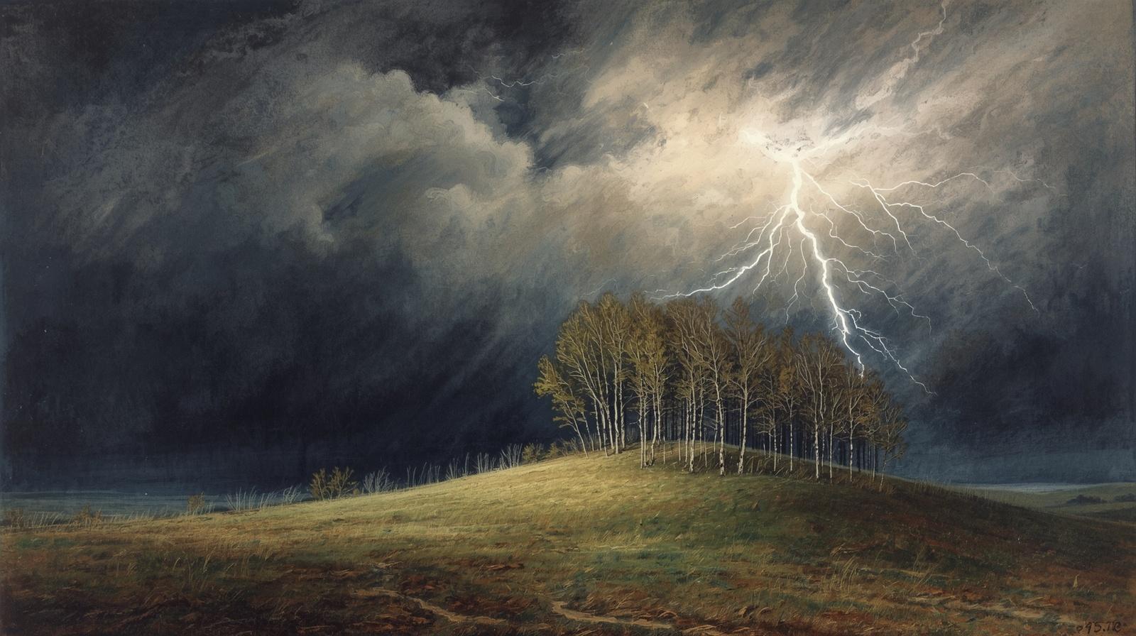 Burza nad kępą drzew w Szombierkach — wizualizacja legendy o uderzeniu pioruna
