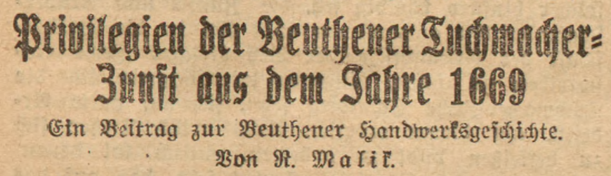 Przywileje bytomskich sukienników z 1669 roku – wycinek z gazety z 1927 roku Wycinek z gazety z 1927 roku z tytułem artykułu o przywilejach bytomskiego cechu sukienników z 1669 roku