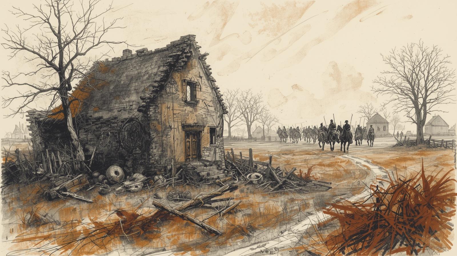 Historyczna ilustracja ruin domu i zbliżającej się jazdy wojskowej, styl szkicu ołówkiem.