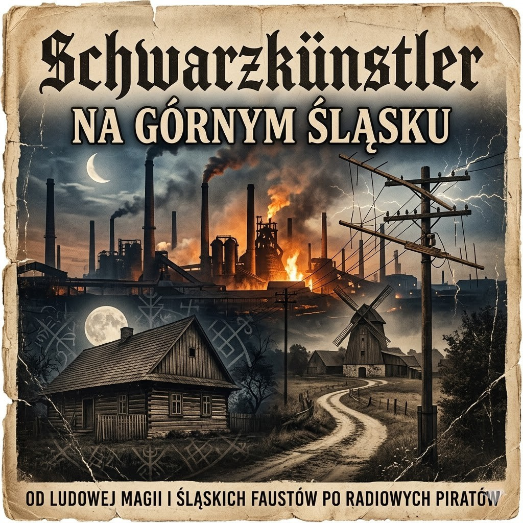 Klimatyczny kolaż historyczny z napisem Schwarzkünstler na Górnym Śląsku. Grafika przedstawia drewnianą chatę oświetloną blaskiem księżyca, dymiące kominy hutnicze z XIX wieku oraz słupy telegraficzne, symbolizujące ewolucję pojęcia od magii ludowej do nowoczesnej techniki.