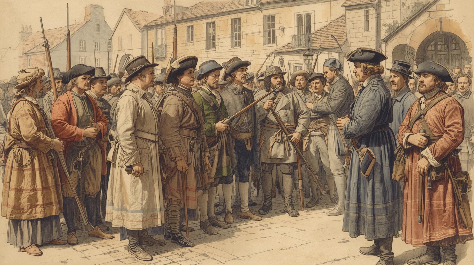 Ilustracja spotkania wojskowego na placu miejskim w stylu szkicu historycznego.