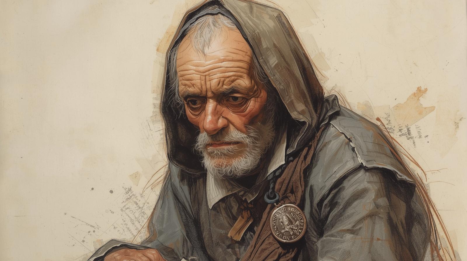 Portret starego żebraka z wyeksponowaną ołowianą plombą na szyi.