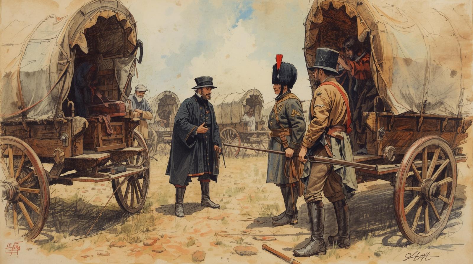 Szkic taboru romskiego z wozami i sędzią miejskim mediującym spór.