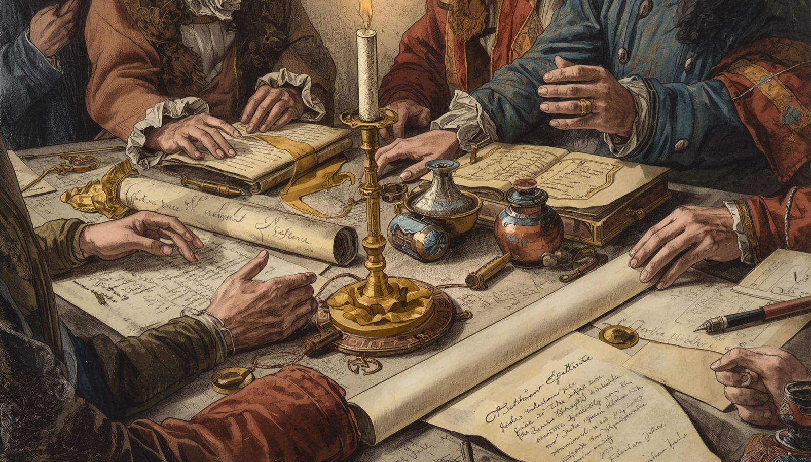 Stare dokumenty dyplomatyczne i pieczęcie, ilustrujące traktat bytomsko-będziński