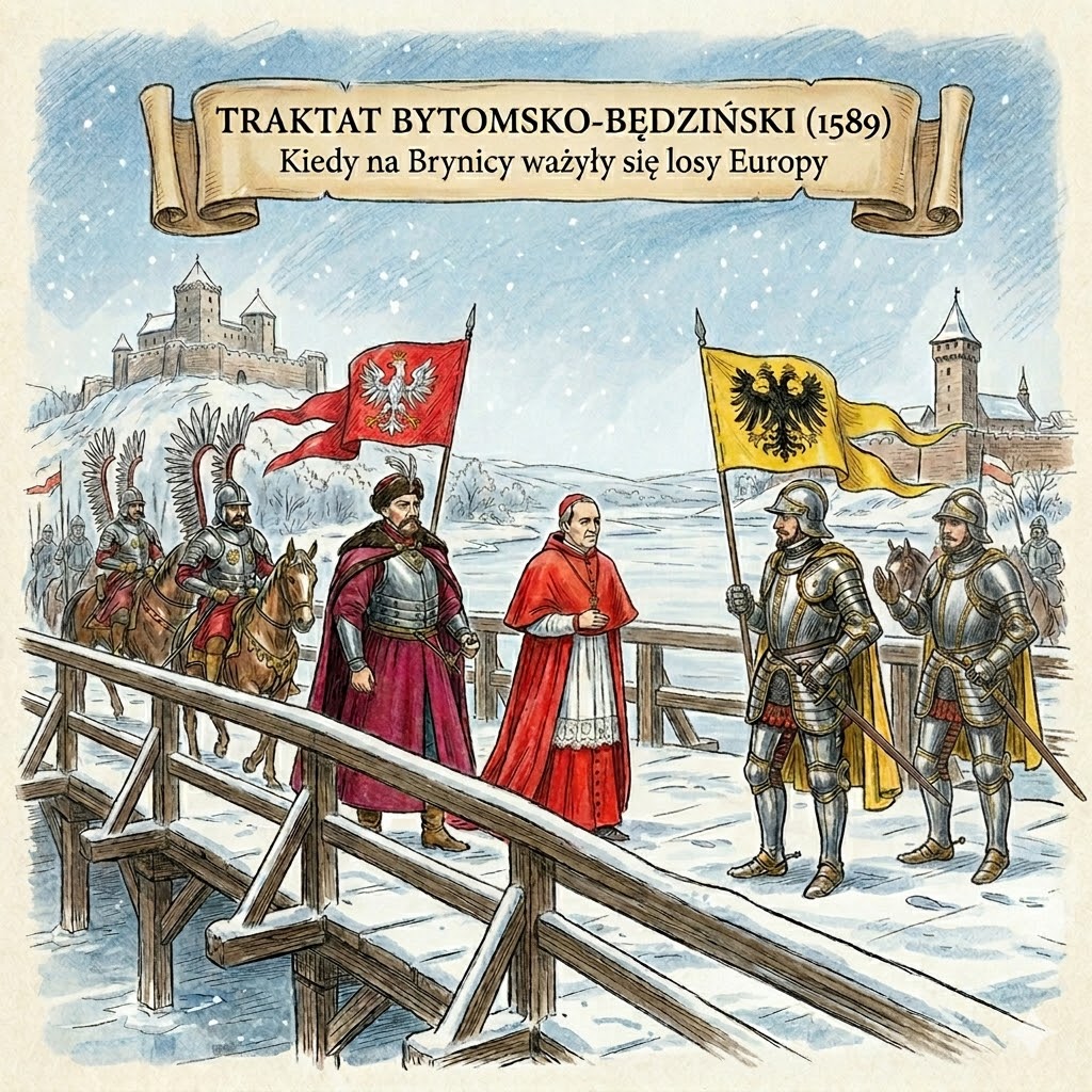Ilustracja historyczna przedstawiająca rokowania traktatu bytomsko-będzińskiego w 1589 roku na moście na Brynicy. Widoczny kardynał Aldobrandini, polscy husarze i wojska habsburskie.