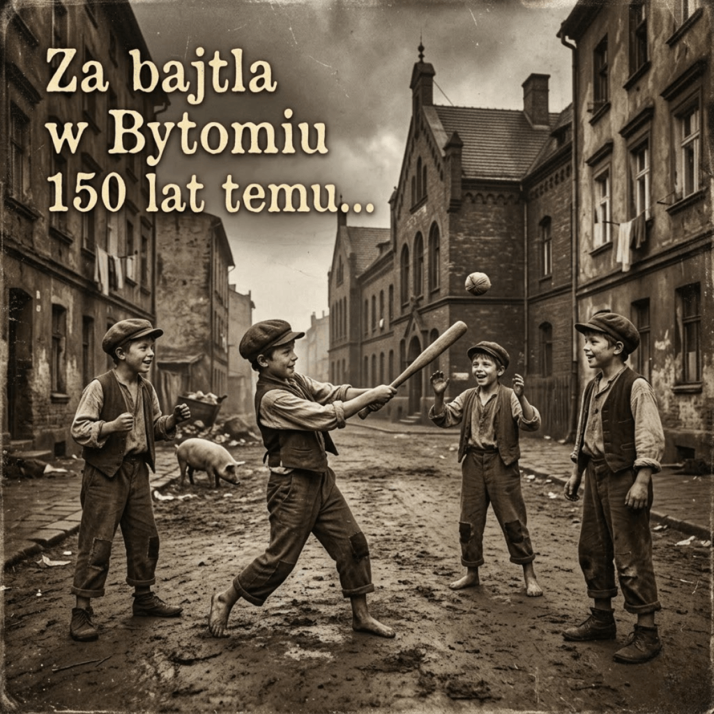 Czwórka chłopców w historycznych strojach gra w palanta na błotnistej ulicy XIX-wiecznego Bytomia, w tle widać świnię. Widoczny stylizowany napis: Za bajtla w Bytomiu 150 lat temu...