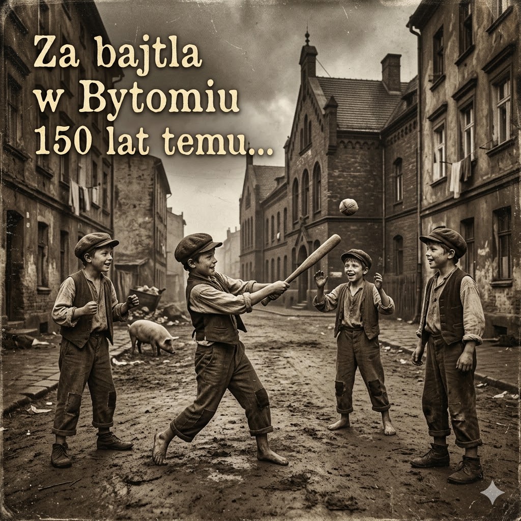 Czwórka chłopców w historycznych strojach gra w palanta na błotnistej ulicy XIX-wiecznego Bytomia, w tle widać świnię. Widoczny stylizowany napis: Za bajtla w Bytomiu 150 lat temu...