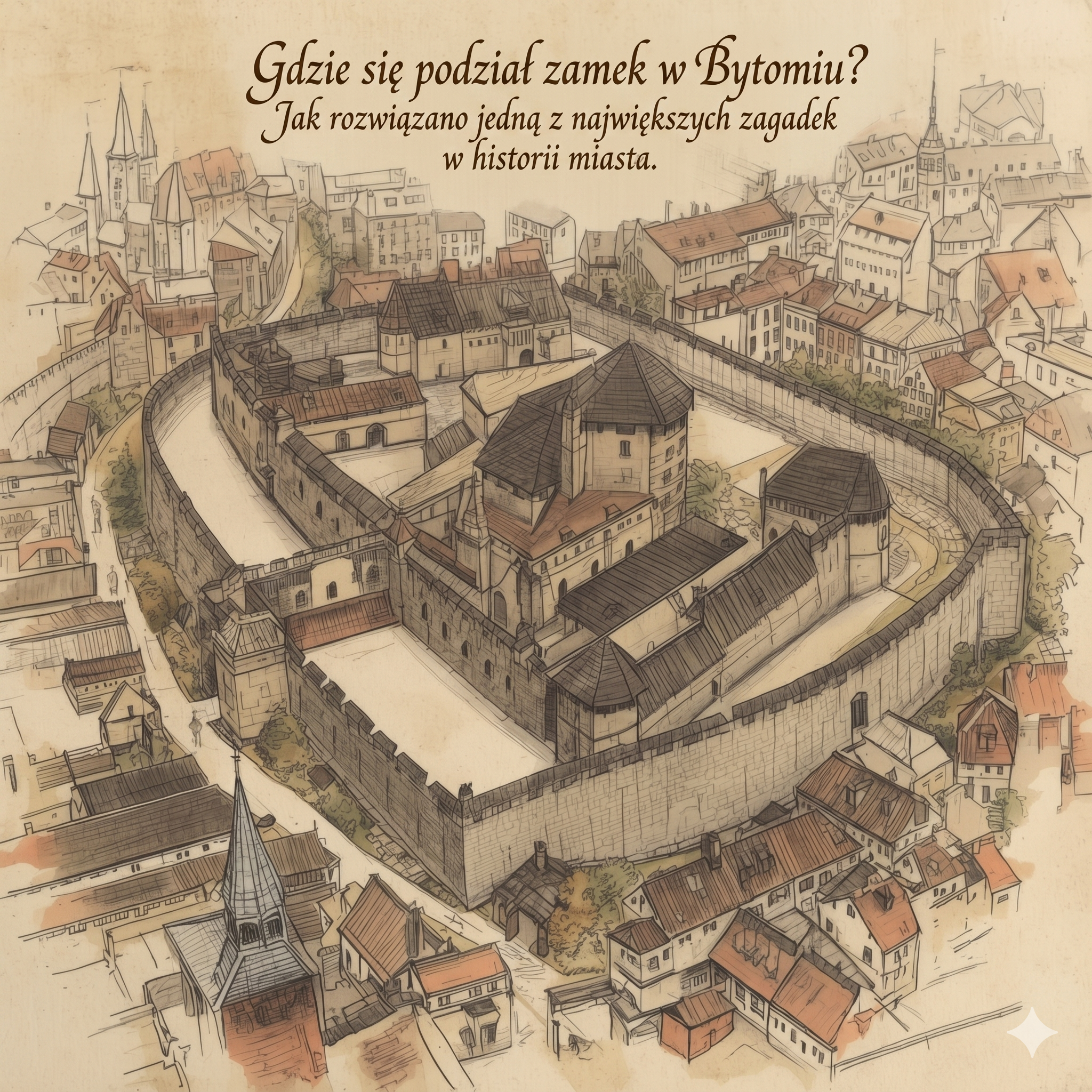 Rysunkowa rekonstrukcja średniowiecznego zamku w Bytomiu ukazanego z lotu ptaka. Surowa warownia otoczona jest gęstą zabudową starego miasta i murami obronnymi.